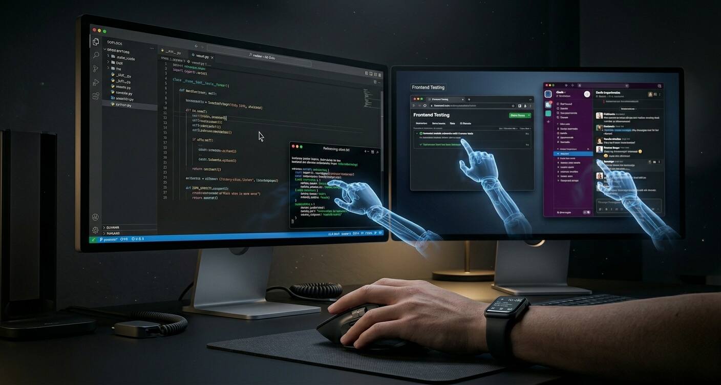 A professional 3D visualization showing a developer focusing on a main Mac screen, while glowing blue translucent robotic arms representing OpenAI Codex parallel agents simultaneously click and type on background windows for 'Frontend Testing' and 'API Refactoring' without human interruption.